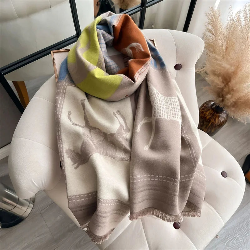 Luxury Warm Poncho Cashmere Winter Women Scarf Horse Print Shawl Wraps Female Thick Pashmina Blanket Bufanda Travel Echarpe 2024